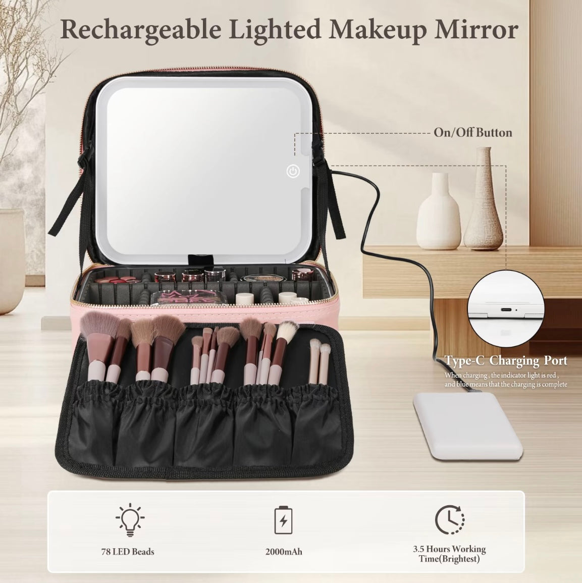 Rechargeable lighted makeup mirror with brushes and accessories on a wooden surface.