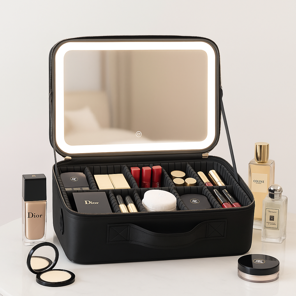 Black makeup case with illuminated interior, containing various cosmetic items, on a light gray background.