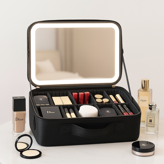 Black makeup case with illuminated interior, containing various cosmetic items, on a light gray background.